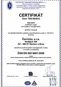 CERTIFIKÁT ČSN EN ISO 9001:2001 Červinka s.r.o.
