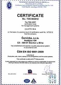 CERTIFICATE ČSN EN ISO 9001:2001 Červinka s.r.o.